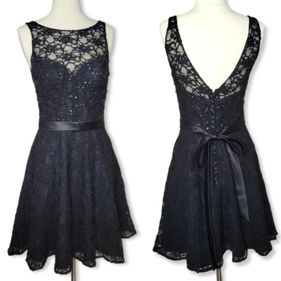 Mori Lee Lace Sequin Button Back Dress in Black Size 8 - Picture 1 of 15